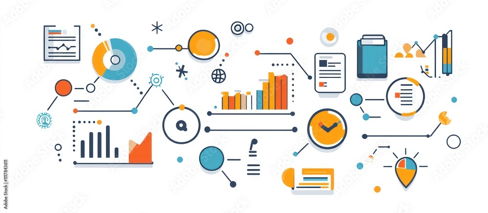 Abstract illustration of various data analysis elements including charts, graphs, documents and a magnifying glass. Abstract illustration of various data analysis elements including charts, graphs, documents and a magnifying glass.