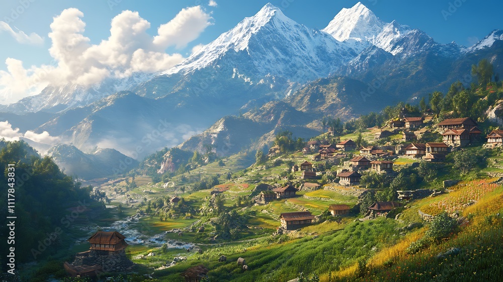 A serene mountainous landscape with quaint villages and lush greenery under a clear sky. A serene mountainous landscape with quaint villages and lush greenery under a clear sky.