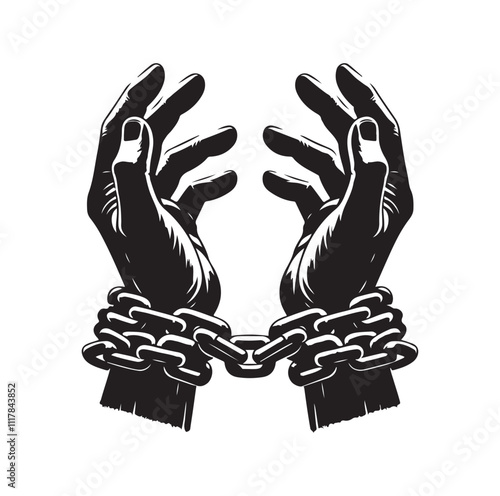 A pair of hands chained to a chain and a text words freedom. silhouette vector illustration.