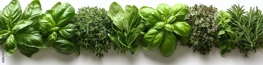 Fototapeta premium Fresh Culinary Herbs Basil, Thyme, Rosemary, and Oregano Sprigs - Vibrant Green Aromatic Plants on White Background