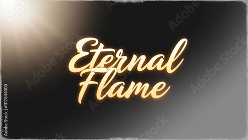 A serene and mystical digital art piece featuring the phrase 'Eternal Flame' in bold, cursive script with a warm, golden glow, overlaid upon a stark black background that gradates to a subtle, dark gr