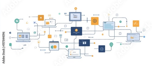 Illustration of a complex interconnected system with multiple laptops, icons, and lines.