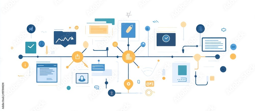 Abstract illustration of a digital network with various icons representing different aspects of digital marketing and business, including data, technology, and growth. Abstract illustration of a digital network with various icons representing different aspects of digital marketing and business, including data, technology, and growth.
