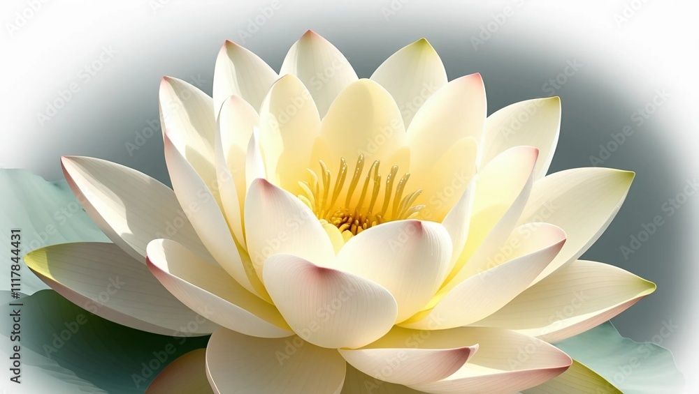 A delicate, creamy white lotus flower in full bloom, capturing the intricate details of its velvety soft petals, gently curved and slightly ruffled at the edges, surrounded by a subtle sheen that hint