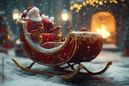 Santa's Sleigh Resting on a Rooftop with a Bag of Gifts photo