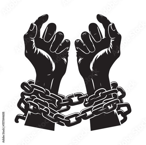 A pair of hands chained to a chain and a text words freedom. silhouette vector illustration.