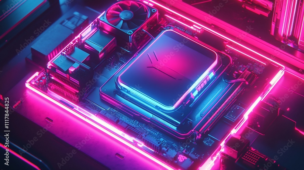 Close-up of a computer processor with neon lighting. Close-up of a computer processor with neon lighting.