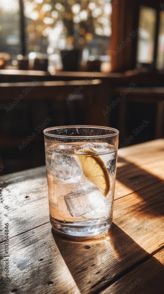 Refreshing Water with Lemon: Crystal clear water with ice cubes and a lemon slice in a glass sits on a rustic wooden table, bathed in warm sunlight. The background is blurred. Refreshing Water with Lemon: Crystal clear water with ice cubes and a lemon slice in a glass sits on a rustic wooden table, bathed in warm sunlight. The background is blurred.