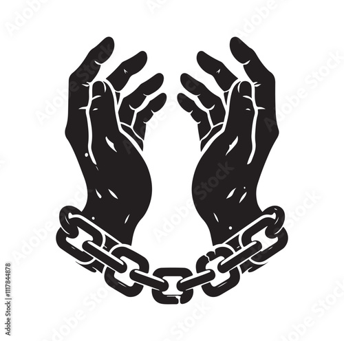 A pair of hands chained to a chain and a text words freedom. silhouette vector illustration.