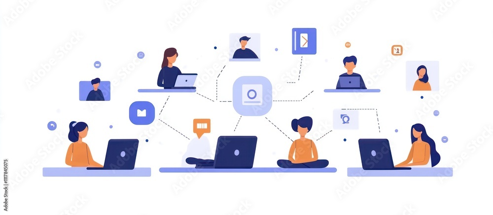 A group of people working together online via video call and communication platforms, connected by lines and icons. A group of people working together online via video call and communication platforms, connected by lines and icons.