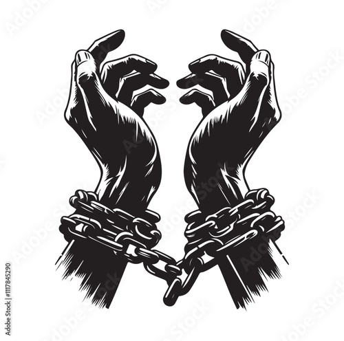 A pair of hands chained to a chain and a text words freedom. silhouette vector illustration.