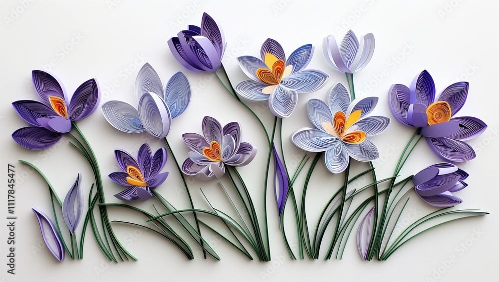 Naklejka premium A paper quilling art of crocuses in various shades of purple and blue, with long green leaves, set against an isolated white background.