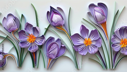 3D quilled paper art of delicate purple crocuses, with vibrant and detailed petals, green leaves, and a white background.