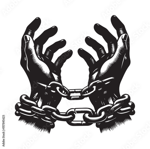 A pair of hands chained to a chain and a text words freedom. silhouette vector illustration.