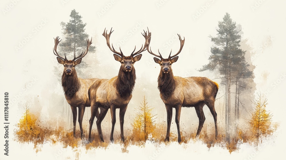 Majestic Trio of Elk in Autumnal Forest A Stunning Watercolor Painting of Wildlife in Nature Majestic Trio of Elk in Autumnal Forest A Stunning Watercolor Painting of Wildlife in Nature