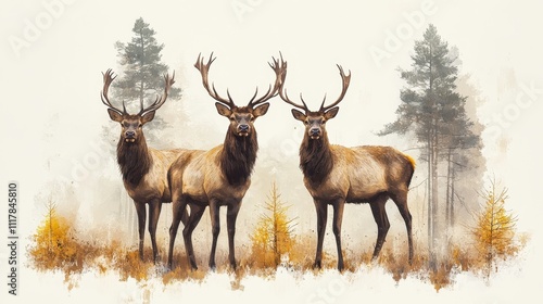 Majestic Trio of Elk in Autumnal Forest A Stunning Watercolor Painting of Wildlife in Nature