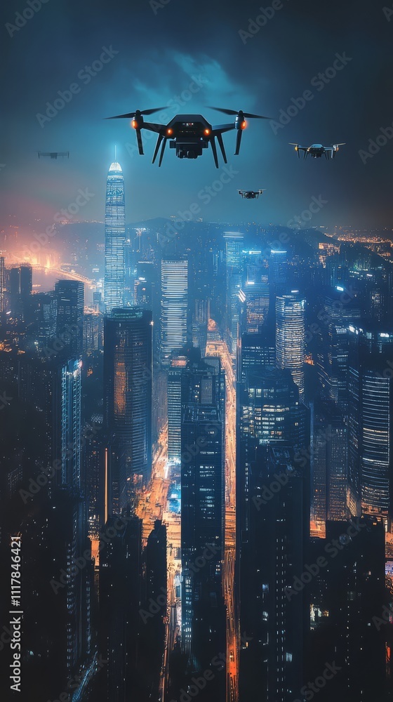 Night Flight Over Metropolis: Drones soar through the vibrant cityscape at night, their silhouettes stark against the glittering lights of skyscrapers. Night Flight Over Metropolis: Drones soar through the vibrant cityscape at night, their silhouettes stark against the glittering lights of skyscrapers.