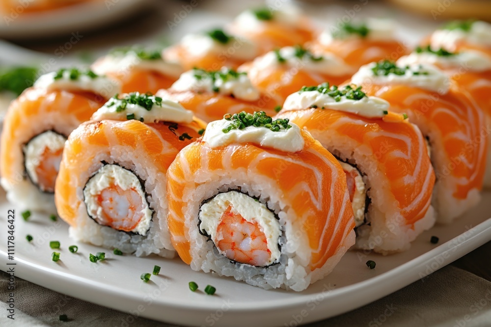A plate of sushi rolls on a table, perfect for food photography or culinary-themed illustrations A plate of sushi rolls on a table, perfect for food photography or culinary-themed illustrations