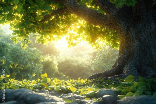 A scene with sunlight shining through the leaves of a tree, great for nature and outdoor themed images photo