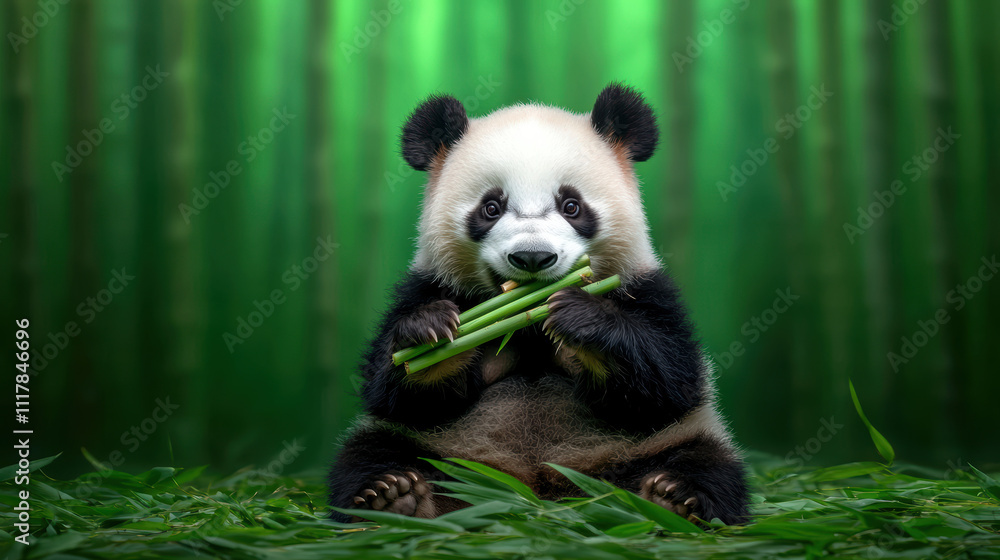 Obraz premium panda sitting in bamboo forest, munching on bamboo shoots, exuding playful charm