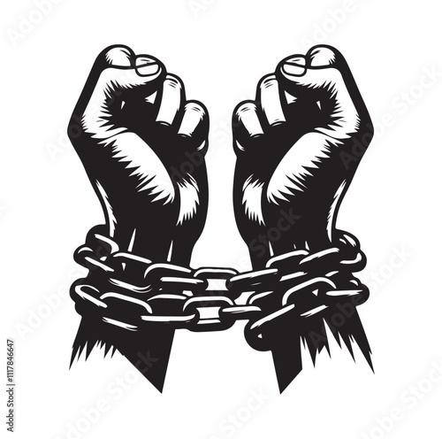 A pair of hands chained to a chain and a text words freedom. silhouette vector illustration.