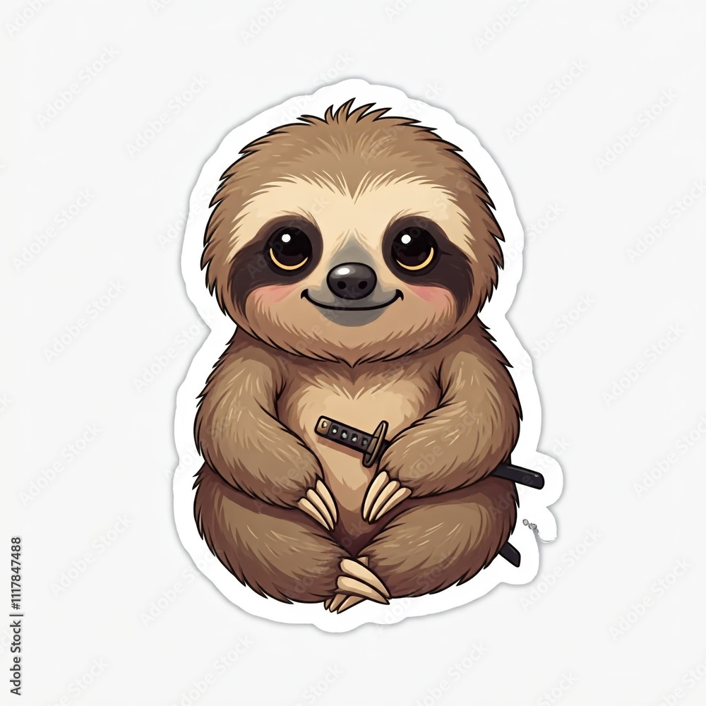 Fototapeta premium Chibi sloth samurai, holding a small katana, looking relaxed and cute, sticker-style, white background. 