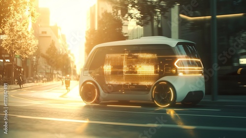 A Futuristic Autonomous Vehicle with Glowing Lidar Sensors and Real Time Navigation Overlays in a Pastel Colored Backdrop