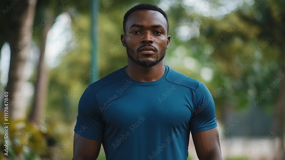 Hombre de Nigeria atlético después de hacer deporte y footing en la ciudad con ropa ecológica Hombre de Nigeria atlético después de hacer deporte y footing en la ciudad con ropa ecológica