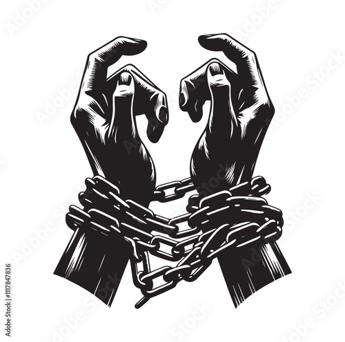 A pair of hands chained to a chain and a text words freedom. silhouette vector illustration.