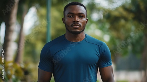 Hombre de Nigeria atlético después de hacer deporte y footing en la ciudad con ropa ecológica