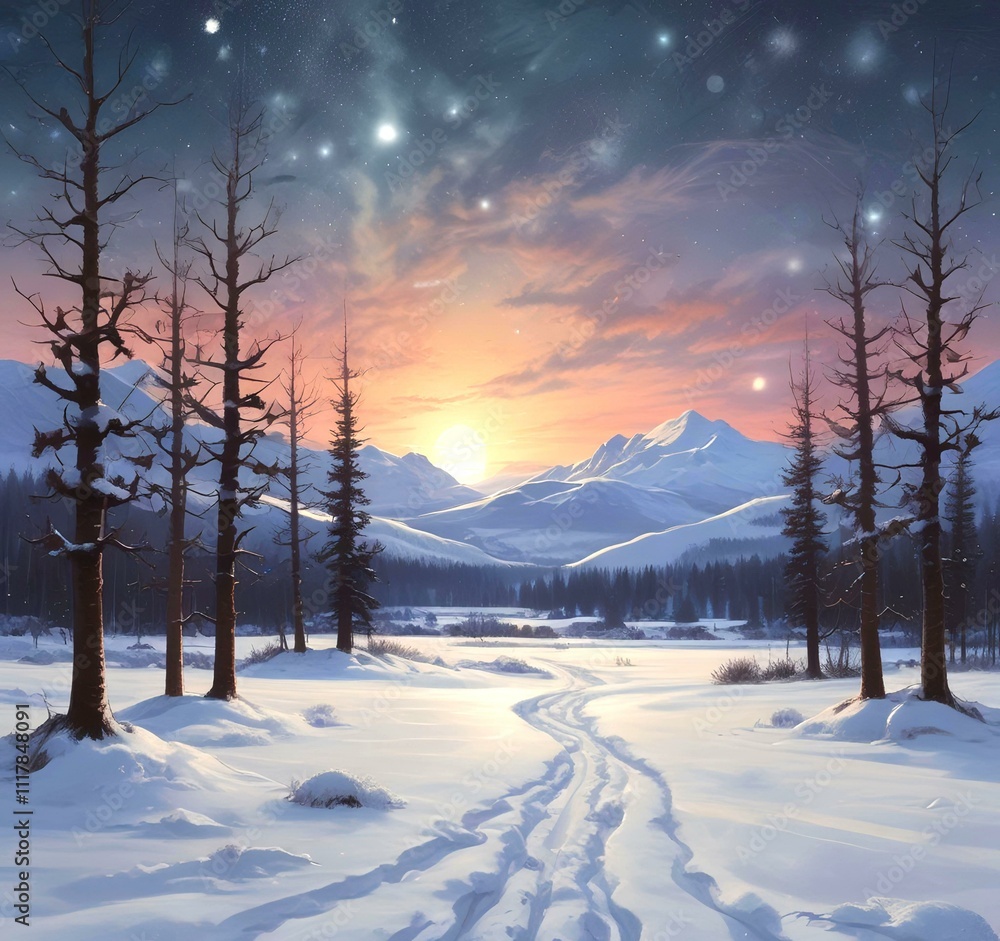 Fototapeta premium Illustration of winter landscape.