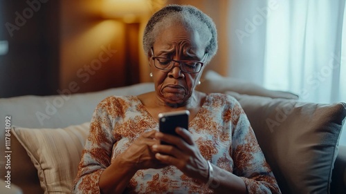Mujer senior anciana de Nigeria se frustra por no saber utilizar su teléfono móvil