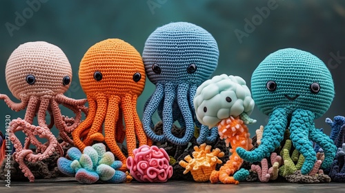 Oceanographic crochet plushies collection, marine life characters, detailed sea creatures photo