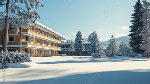 Modern hotel in snowy winter landscape photo