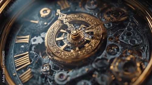 Close-up of intricate golden gears and details of a vintage mechanical clock