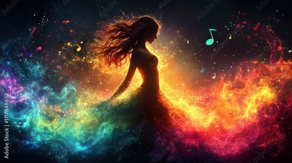 silhouette of a woman surrounded by vibrant, colorful swirls and music notes silhouette of a woman surrounded by vibrant, colorful swirls and music notes