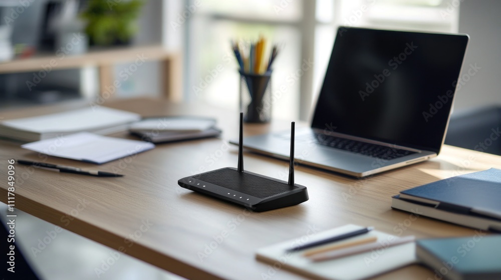 A workspace featuring a router and laptop on a desk A workspace featuring a router and laptop on a desk