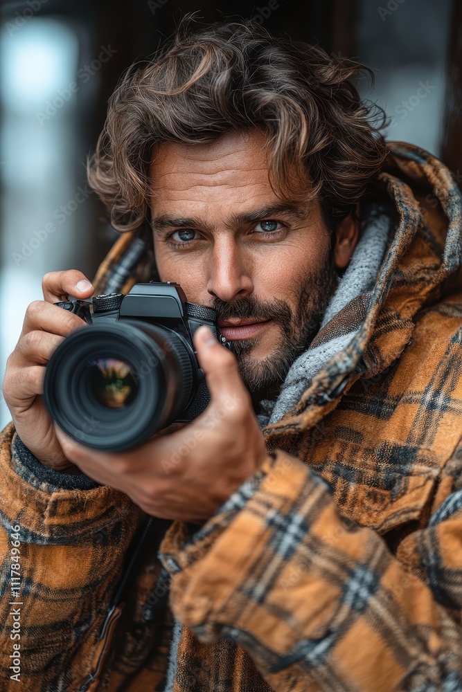 Handsome Man with Long Hair Using DSLR Camera, Close-Up Portrait of Photographer in Winter Outfit Handsome Man with Long Hair Using DSLR Camera, Close-Up Portrait of Photographer in Winter Outfit