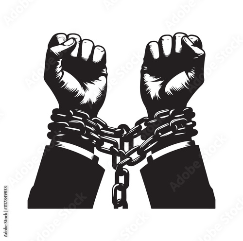 A pair of hands chained to a chain and a text words freedom. silhouette vector illustration.