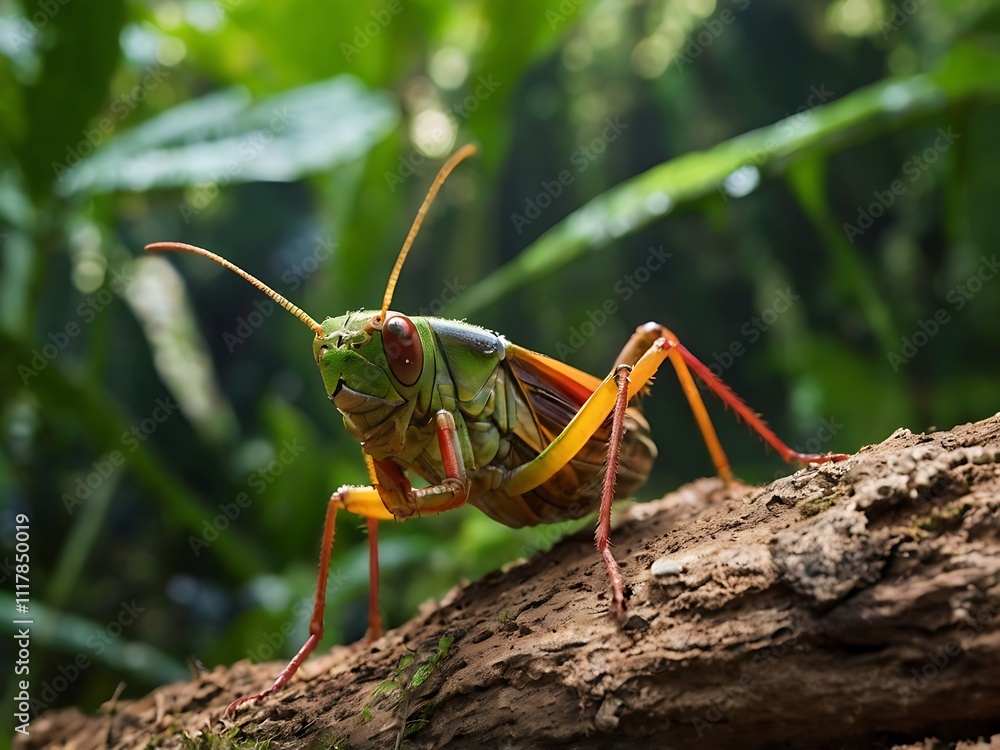 Vibrant Green And Orange Grasshopper On Wood