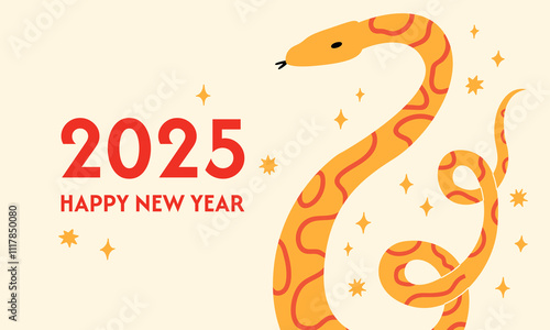 Happy 2025 new year greeting card with snake. Vector flat illustration of hand drawn reptile and stars. Symbol of lunar chinese new year