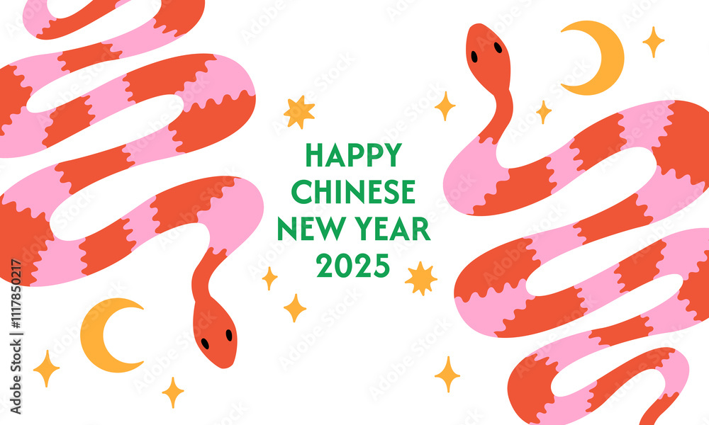 Happy chinese 2025 new year greeting card with snakes. Vector flat illustration of fantasy reptiles. Zodiac symbol of lunar new year Happy chinese 2025 new year greeting card with snakes. Vector flat illustration of fantasy reptiles. Zodiac symbol of lunar new year