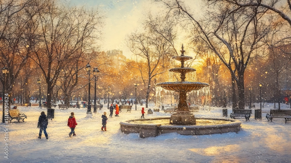 Children Playing in Snow in a Winter Park with a Frozen Fountain and Bare Trees, Bathed in Afternoon Light Children Playing in Snow in a Winter Park with a Frozen Fountain and Bare Trees, Bathed in Afternoon Light