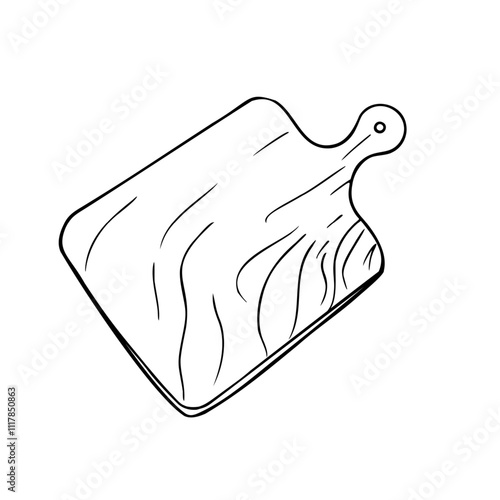 Empty wooden cutting board black white vector illustration isolated. Kitchen cutting plank hand drawn graphic line sketch for design menu, market, ingredients of dishes, label, package.