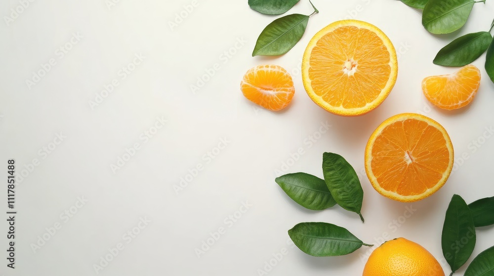 Fresh orange fruit with separated leaves on white background. Free space. Fresh orange fruit with separated leaves on white background. Free space.