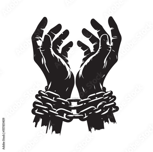 A pair of hands chained to a chain and a text words freedom. silhouette vector illustration.