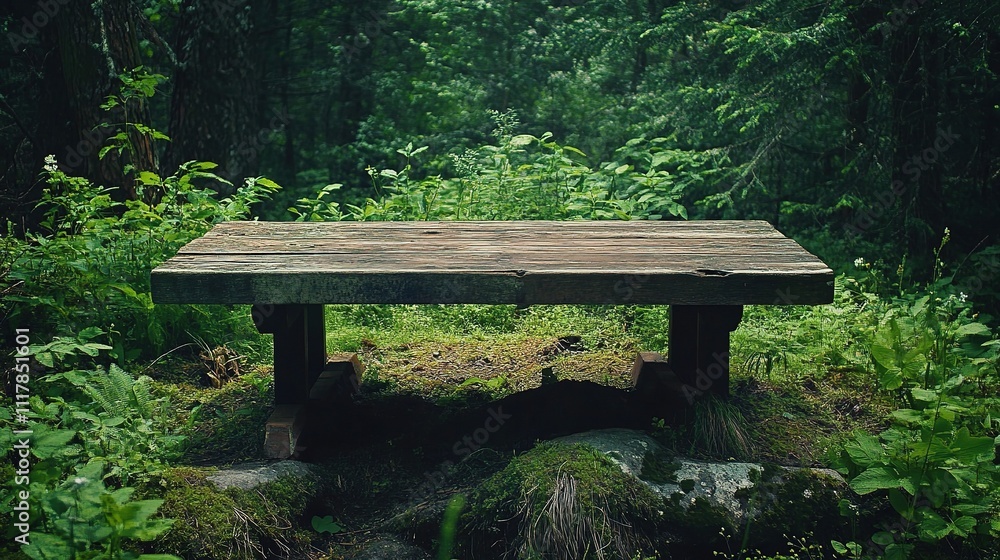 Rustic Wooden Table Surrounded by Lush Green Forest in Spring Rustic Wooden Table Surrounded by Lush Green Forest in Spring