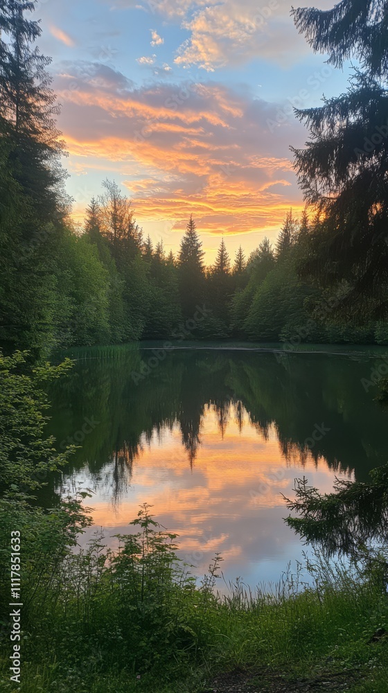 Obraz premium A tranquil forest lake mirrors the vibrant hues of a breathtaking sunset