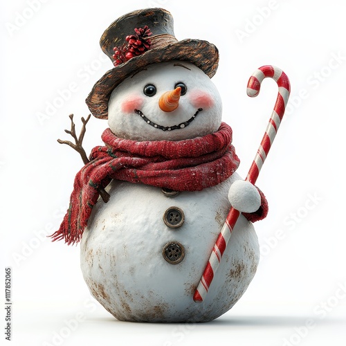 Charming Rustic Snowman with Candy Cane and Top Hat - 3D Rendered Christmas Decoration