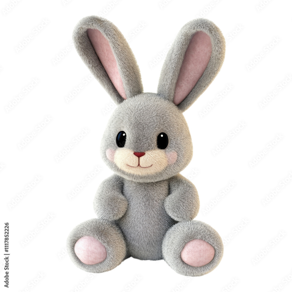 Obraz premium Soft and cuddly gray bunny plush toy sitting on a cozy surface, radiating warmth and charm for kids of all ages on transparent Background